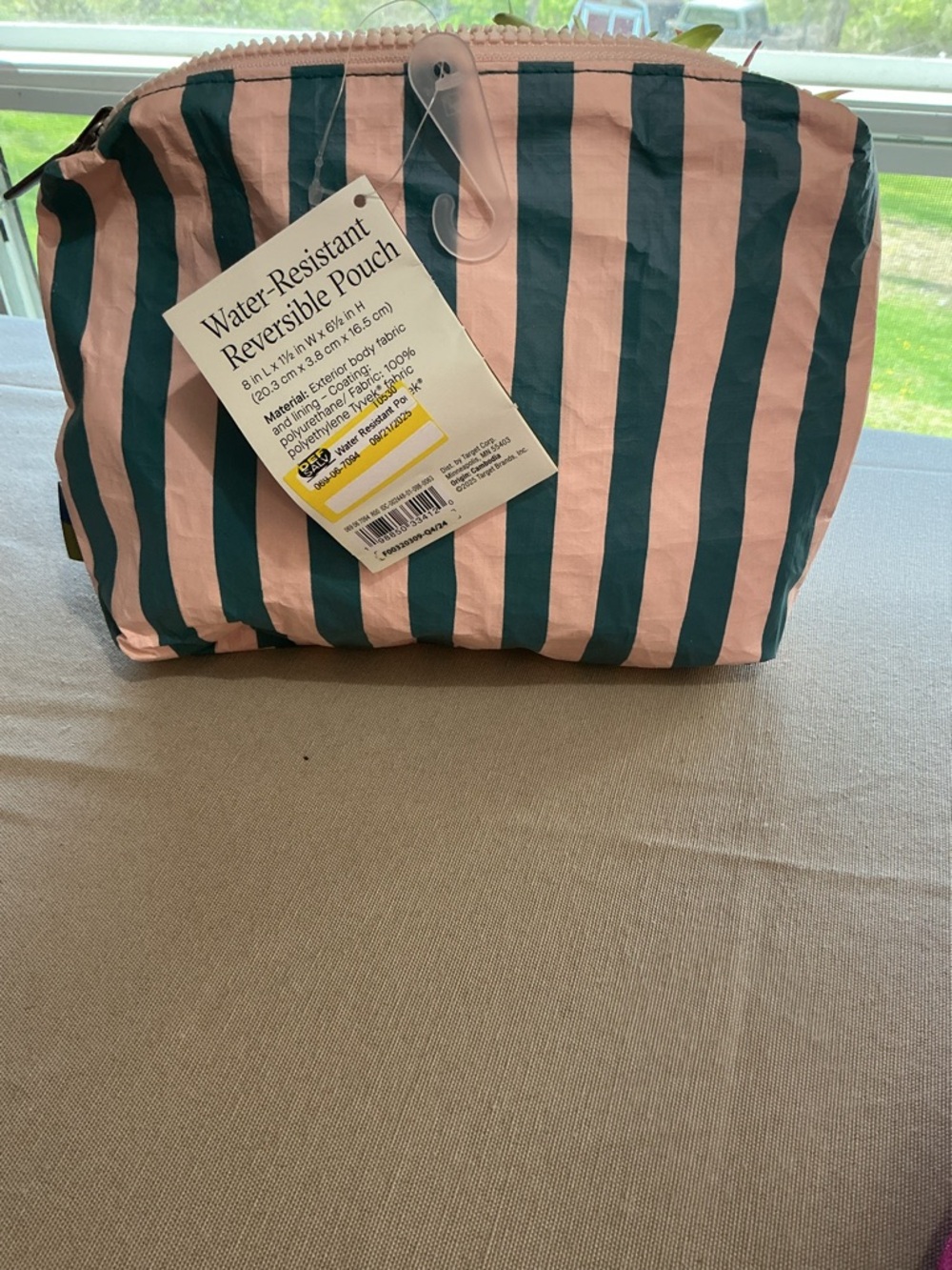 Water-Resistant Reversible Pouch - Pink and Dark Teal Stripe